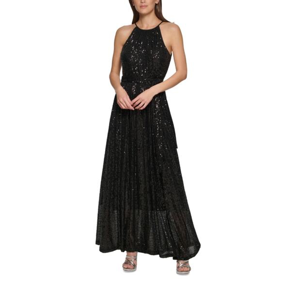 DKNY Sequined Halter Maxi Dress Size 8 Black Sequined Sleeveless Long Formal - Picture 12 of 14